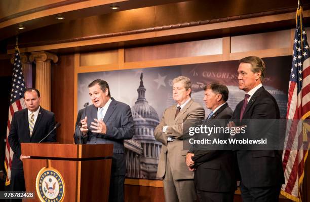 Sen. Ted Cruz speaks alongside Sen. Mike Lee , Sen. John Kennedy , Sen. Mike Rounds , Sen. David Purdue , at the U.S. Capitol at a news conference on...