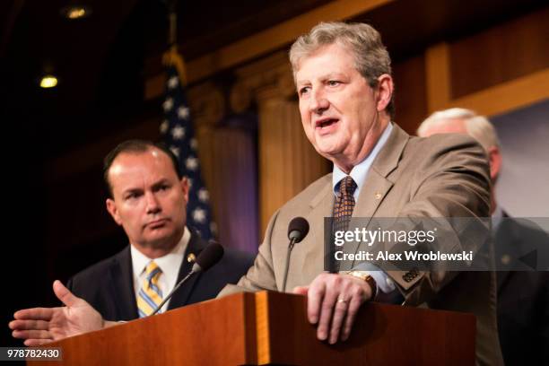 Sen. John Kennedy speaks alongside Sen. Mike Lee at the U.S. Capitol at a news conference on June 19, 2018 in Washington, DC. The GOP Senators held...