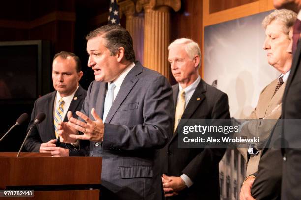 Sen. Ted Cruz speaks alongside Sen. Mike Lee , Sen. Ron Johnson , Sen. John Kennedy , at the U.S. Capitol at a news conference on June 19, 2018 in...