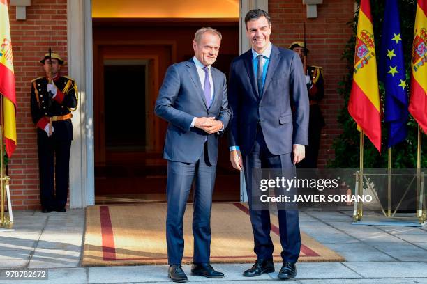 Spanish Prime Minister Pedro Sanchez welcomes European Council President Donald Tusk at the Moncloa palace in Madrid on June 19, 2018.