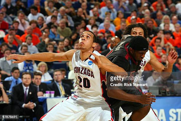 Elias Harris of the Gonzaga Bulldogs boxes out against Chris Singleton of the Florida State Seminoles during the first round of the 2010 NCAA men's...