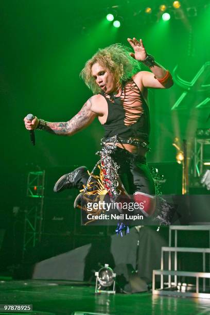 Michael Starr of Steel Panther performs on stage at Brixton Academy on March 19, 2010 in London, England.