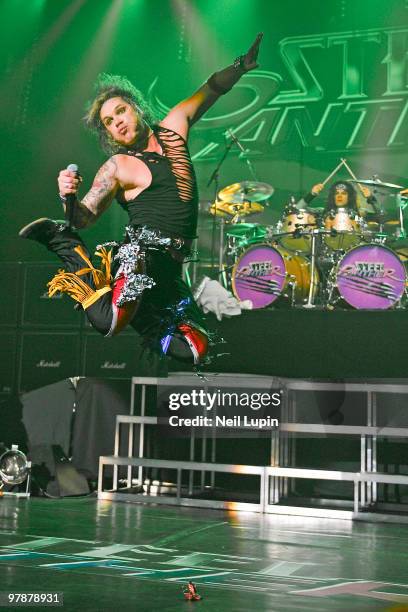 Michael Starr of Steel Panther performs on stage at Brixton Academy on March 19, 2010 in London, England.