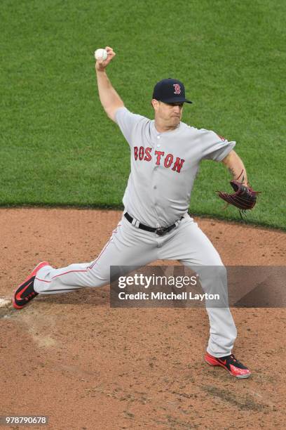 Steven Wright of the Boston Red Sox pitches during a baseball game against the Baltimore Orioles at Oriole Park at Camden Yards on June 11, 2018 in...