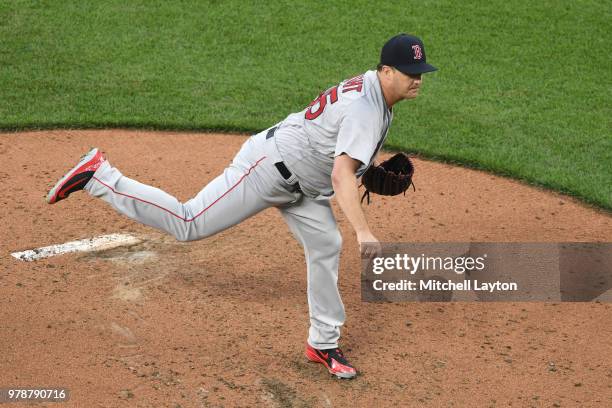 Steven Wright of the Boston Red Sox pitches during a baseball game against the Baltimore Orioles at Oriole Park at Camden Yards on June 11, 2018 in...