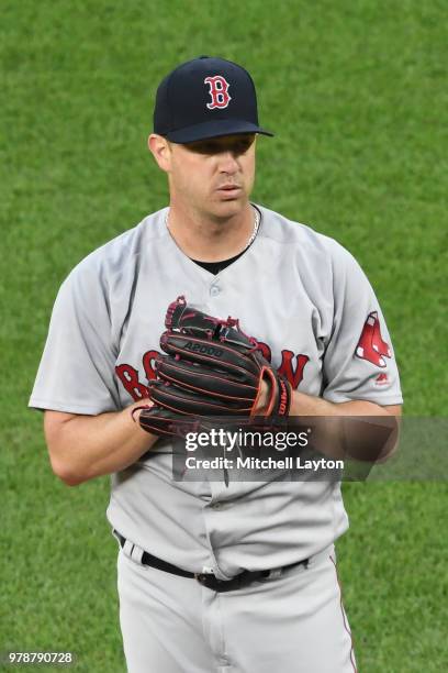 Steven Wright of the Boston Red Sox pitches during a baseball game against the Baltimore Orioles at Oriole Park at Camden Yards on June 11, 2018 in...