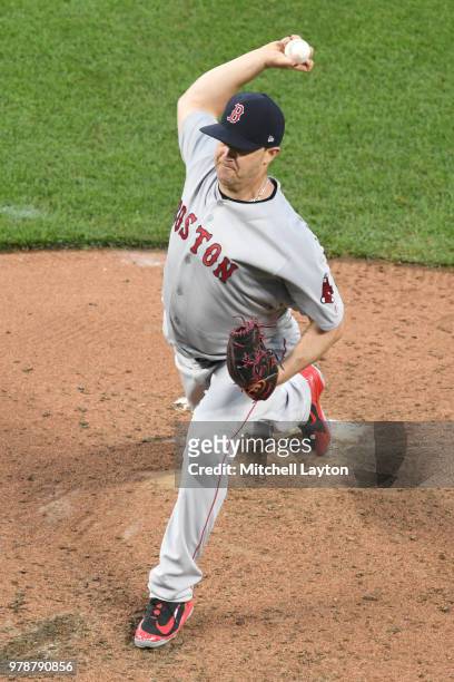 Steven Wright of the Boston Red Sox pitches during a baseball game against the Baltimore Orioles at Oriole Park at Camden Yards on June 11, 2018 in...