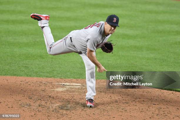 Steven Wright of the Boston Red Sox pitches during a baseball game against the Baltimore Orioles at Oriole Park at Camden Yards on June 11, 2018 in...