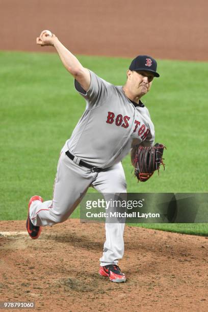 Steven Wright of the Boston Red Sox pitches during a baseball game against the Baltimore Orioles at Oriole Park at Camden Yards on June 11, 2018 in...