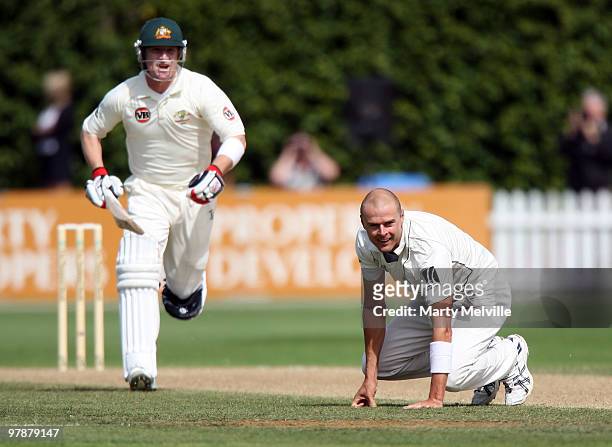 Chris Martin of New Zealand misses a catch from Brad Haddin of Australia during day two of the First Test match between New Zealand and Australia at...