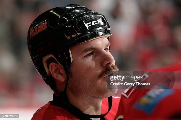Ian White of the Calgary Flames skates against the San Jose Sharks on March 19, 2010 at Pengrowth Saddledome in Calgary, Alberta, Canada.