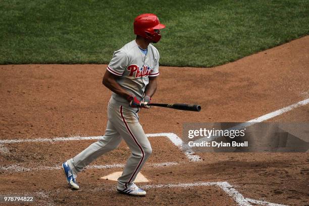 Nick Williams of the Philadelphia Phillies hits a single in the sixth inning against the Milwaukee Brewers at Miller Park on June 17, 2018 in...