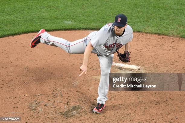 Steven Wright of the Boston Red Sox pitches during a baseball game against the Baltimore Orioles at Oriole Park at Camden Yards on June 11, 2018 in...