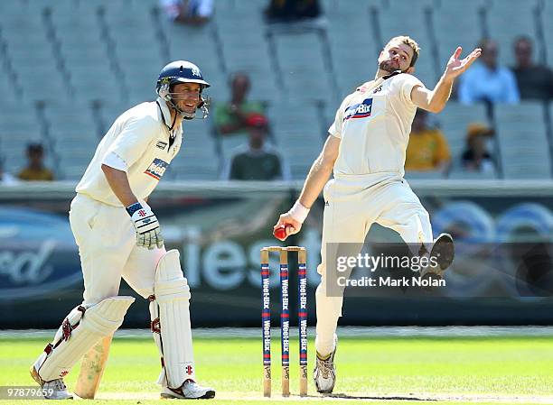 Chris Swan of the Bull bowls during day four of the Sheffield Shield Final between the Victorian Bushrangers and the Queensland Bulls at the...