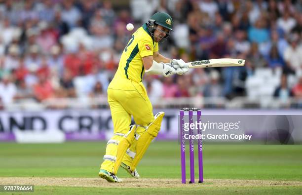 Travis Head of Australia is hit by a ball from Mark Wood of England during the 3rd Royal London ODI match between England and Australia at Trent...