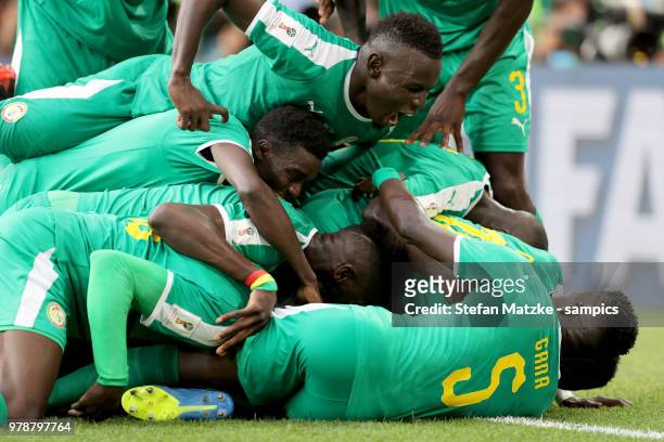 Gana Idrissa Gueye of Senegal celebrates as Mbaye Niang of Senegal scores the goal during the 2018 FIFA World Cup Russia group H match between Poland...
