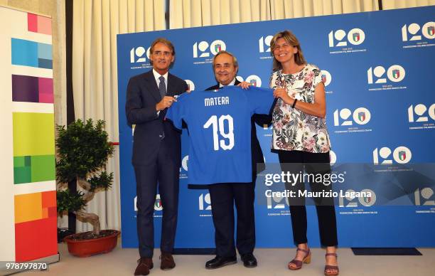 Head coach of Italy Roberto Mancini, Matera major Raffaello de Ruggieri and Women's coach Milena Bertolini during the FIGC 120 Years Exhibition on...
