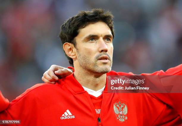 Yury Zhirkov of Russia sings the national anthem prior to the 2018 FIFA World Cup Russia group A match between Russia and Egypt at Saint Petersburg...