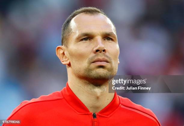 Sergey Ignashevich of Russia look on during the 2018 FIFA World Cup Russia group A match between Russia and Egypt at Saint Petersburg Stadium on June...