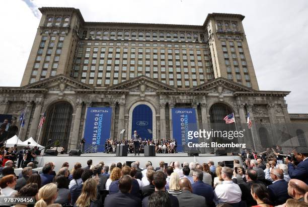 Bill Ford, executive chairman of Ford Motor Co., speaks during an event at the Michigan Central Station in the Corktown neighborhood of Detroit,...