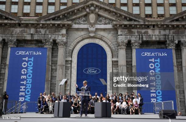 Bill Ford, executive chairman of Ford Motor Co., speaks during an event at the Michigan Central Station in the Corktown neighborhood of Detroit,...