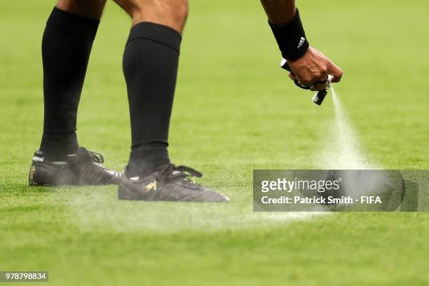 Referee Enrique Caceres uses vanishing spray during the 2018 FIFA World Cup Russia group A match between Russia and Egypt at Saint Petersburg Stadium...