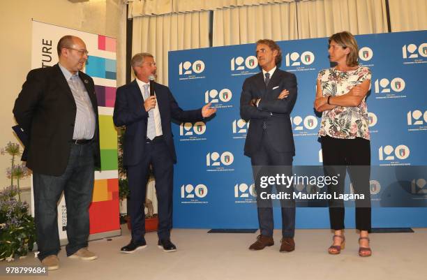 Head coach of Italy Roberto Mancini , Franco Selvaggi and Milena Bertolini during FIGC 120 Years Exhibition on June 19, 2018 in Matera, Italy.