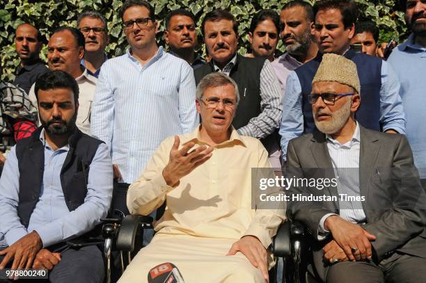 Former Chief Minister Jammu and Kashmir Omar Abdullah addresses a press conference at his residence on June 19, 2018 in Srinagar, India. Jammu and...