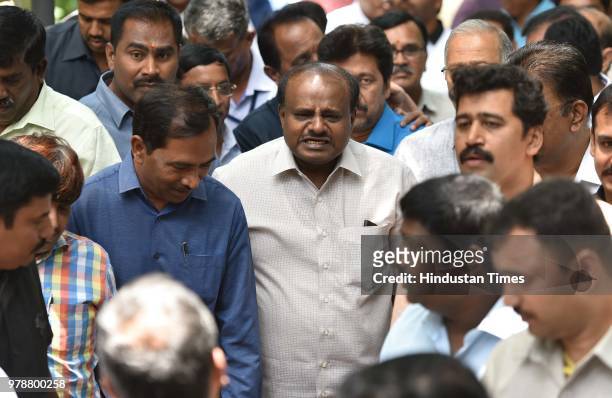 Karnataka Chief Minister HD Kumarswamy during a press conference at the Press Club of Bangalore on June 19, 2018 in Bengaluru, India.