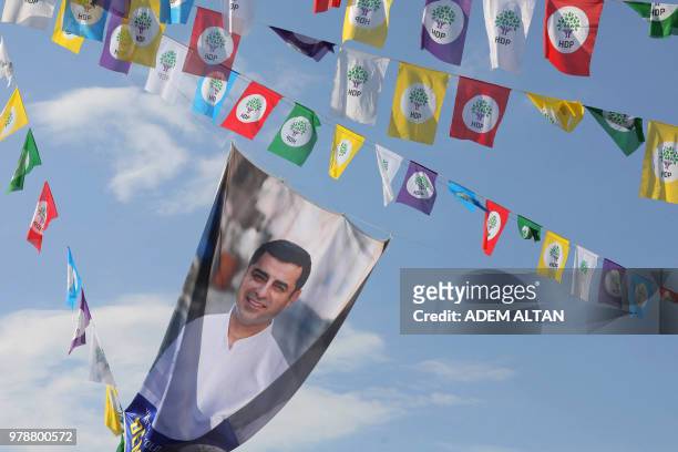 Picture shows election flags displaying imprisoned Selahattin Demirtas, Presidential candidate and leader of People's Democratic Party in Ankara, on...