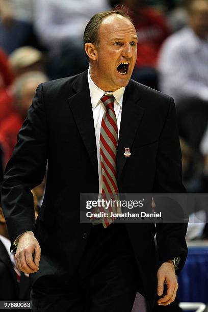 Head coach Thad Matta of the Ohio State Buckeyes calls out in the first half while taking on the UC Santa Barbara Gauchos during the first round of...