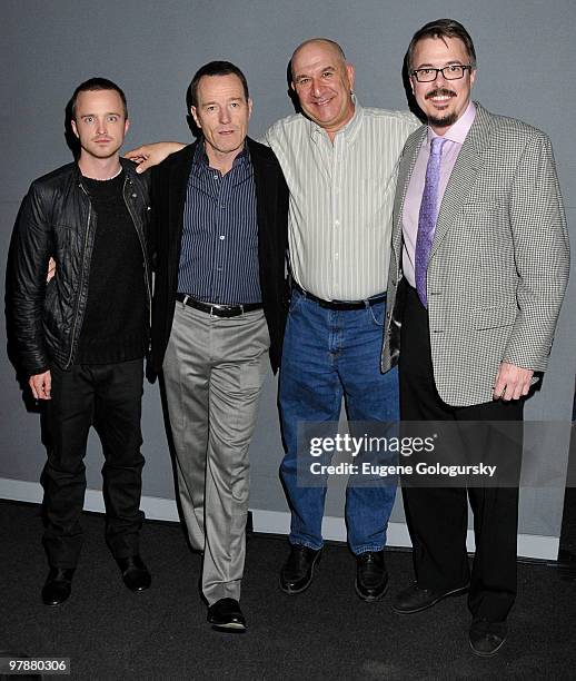 Aaron Paul, Bryan Cranston, Michael Slovis and producer Vince Gilligan visit the Apple Store Soho on March 19, 2010 in New York City.