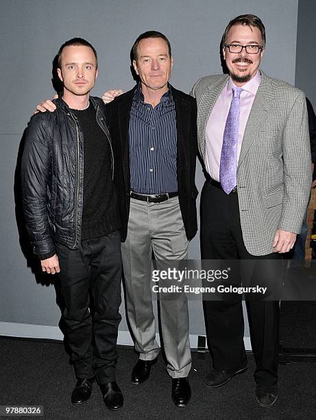 Producer Vince Gilligan, actors Bryan Cranston and Aaron Paul visit the Apple Store Soho on March 19, 2010 in New York City.