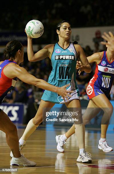 Joanne Sutton of the Thunderbirds looks to pass the ball during the round one ANZ Championships match between the Northern Mystics and the Adelaide...
