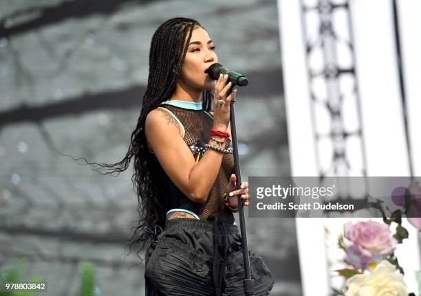 Singer Jhene Aiko performs onstage during the Smokin' Grooves Festival at The Queen Mary on June 16, 2018 in Long Beach, California.