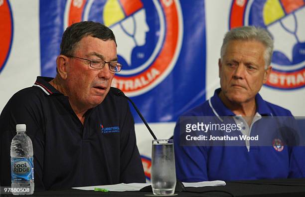 David Piper OAM, Queenscliff SLSC president and Brett Williamson, CEO of Surf Lifesaving Australia speak with the media after the cancellation of all...