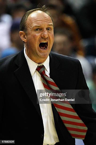 Head coach Thad Matta of the Ohio State Buckeyes calls out in the first half while taking on the UC Santa Barbara Gauchos during the first round of...