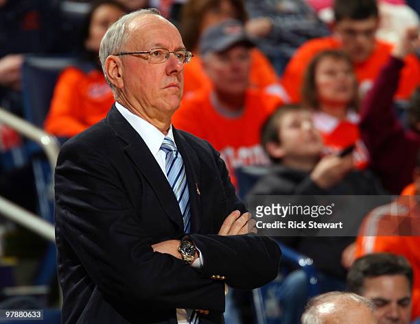 Head coach Jim Boeheim of the Syracuse Orange looks on from the bench during the first round of the 2010 NCAA men's basketball tournament at HSBC...
