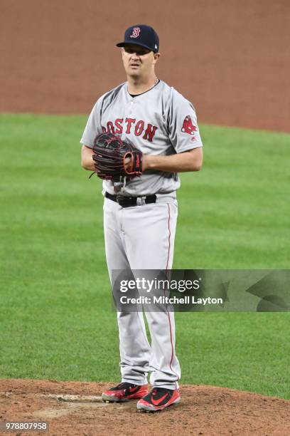 Steven Wright of the Boston Red Sox pitches during a baseball game against the Baltimore Orioles at Oriole Park at Camden Yards on June 11, 2018 in...