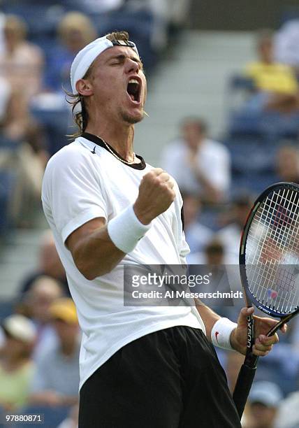 Lleyton Hewitt defeats Tommy Haas in the quarter finals of the men's singles September 9, 2004 at the 2004 US Open in New York.
