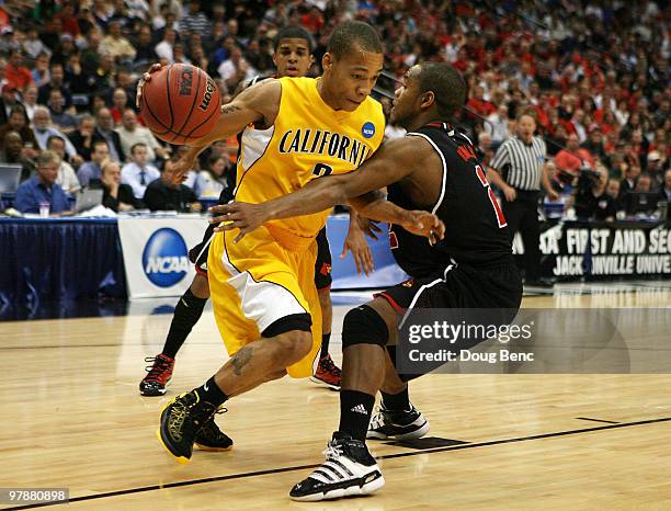 Preston Knowles of the Louisville Cardinals tries to stop Jerome Randle of the California Golden Bears during the first round of the 2010 NCAA men's...