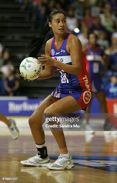 Maria Tutaia of the Mystics looks to pass the ball during the round one ANZ Championships match between the Northern Mystics and the Adelaide...