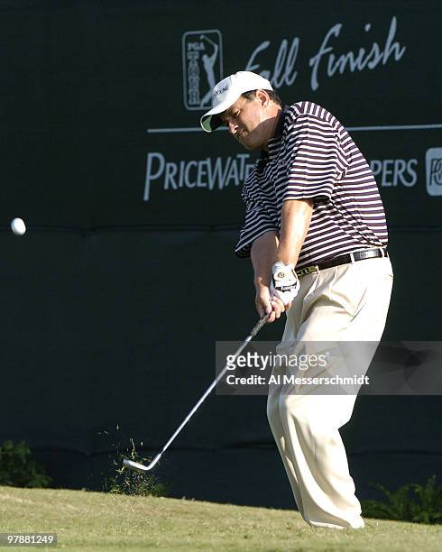 Loren Roberts chips into the 18th green at the Magnolia course at Walt Disney World Resort during final-round competition at the Funai Classic,...