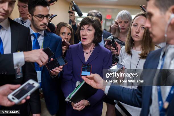 Sen. Susan Collins, R-Maine, talks with reporters in the Capitol's Senate subway before the Senate Policy luncheons on June 19, 2018.