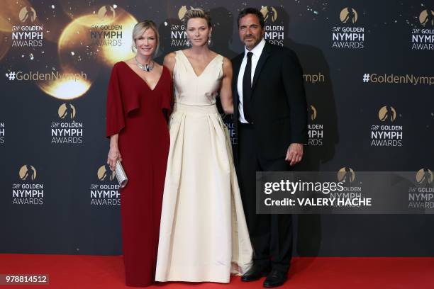 Katherine Kelly Lang, Princess Charlene of Monaco and Thorsten Kaye pose during the closing ceremony of the 58th Monte-Carlo Television Festival in...