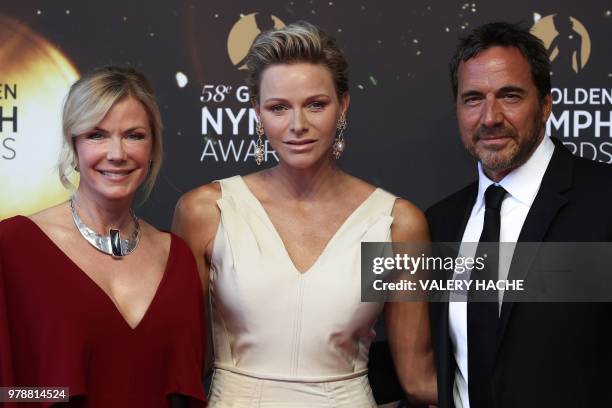 Katherine Kelly Lang, Princess Charlene of Monaco and Thorsten Kaye pose during the closing ceremony of the 58th Monte-Carlo Television Festival in...