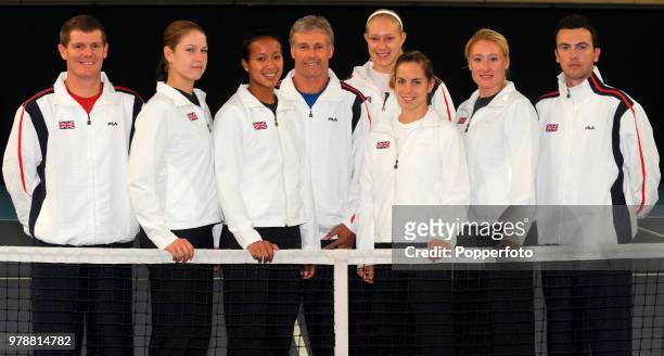 The Great Britain Fed Cup team pose together during preparations for the competition Damien Roberts, Melanie South, Anne Keothavong, Nigel Sears,...