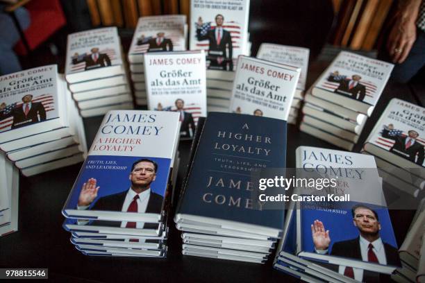 Exemplares of the book "A Higher Loyalty" of former FBI Director James Comey lies on a table before a panel discussion about his book "A Higher...