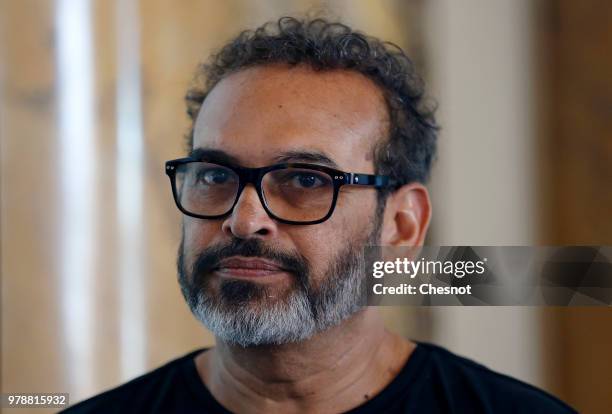 Indian contemporary artist Subodh Gupta gives a press conference at the Monnaie de Paris on June 19, 2018 in Paris, France. The Monnaie de Paris...