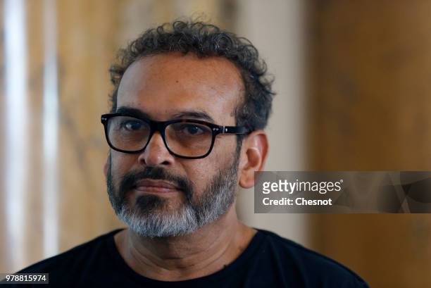 Indian contemporary artist Subodh Gupta gives a press conference at the Monnaie de Paris on June 19, 2018 in Paris, France. The Monnaie de Paris...